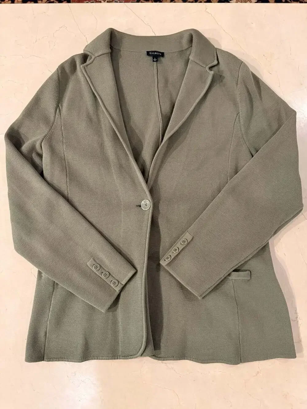 Talbots Women's Olive Green Cotton-Blend Knit Blazer with Button Cuffs